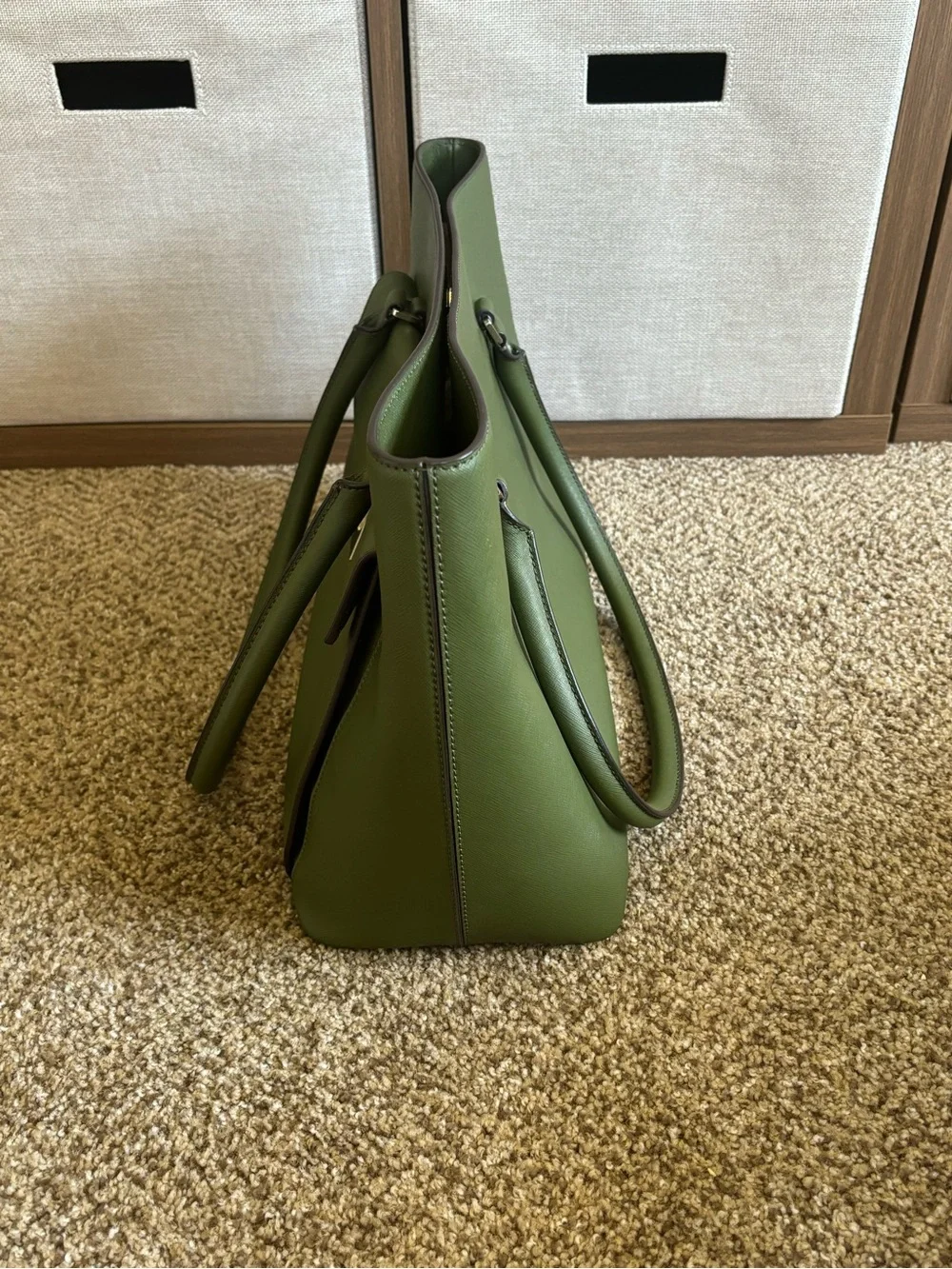 Kate Spade Olive Green Leather Tote Bag with Turn-Lock
